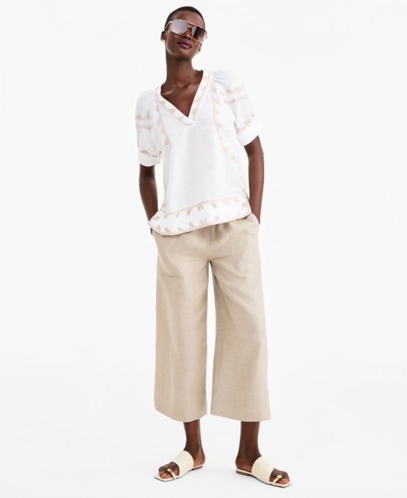 Women's Linen Puff-Sleeve Embroidered Blouse