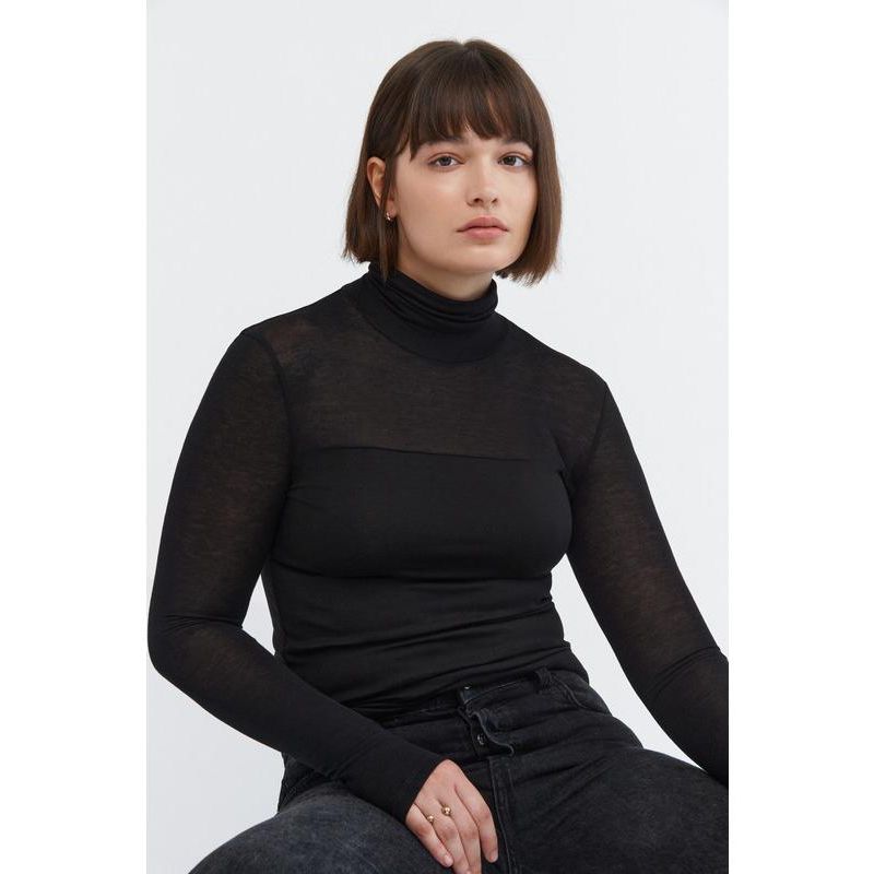 Women's Cara Fitted Turtleneck Top with Sheer Jersey Sleeves