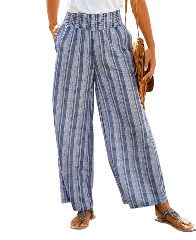 Women's Striped Wide Leg Smocked with Pockets Pants