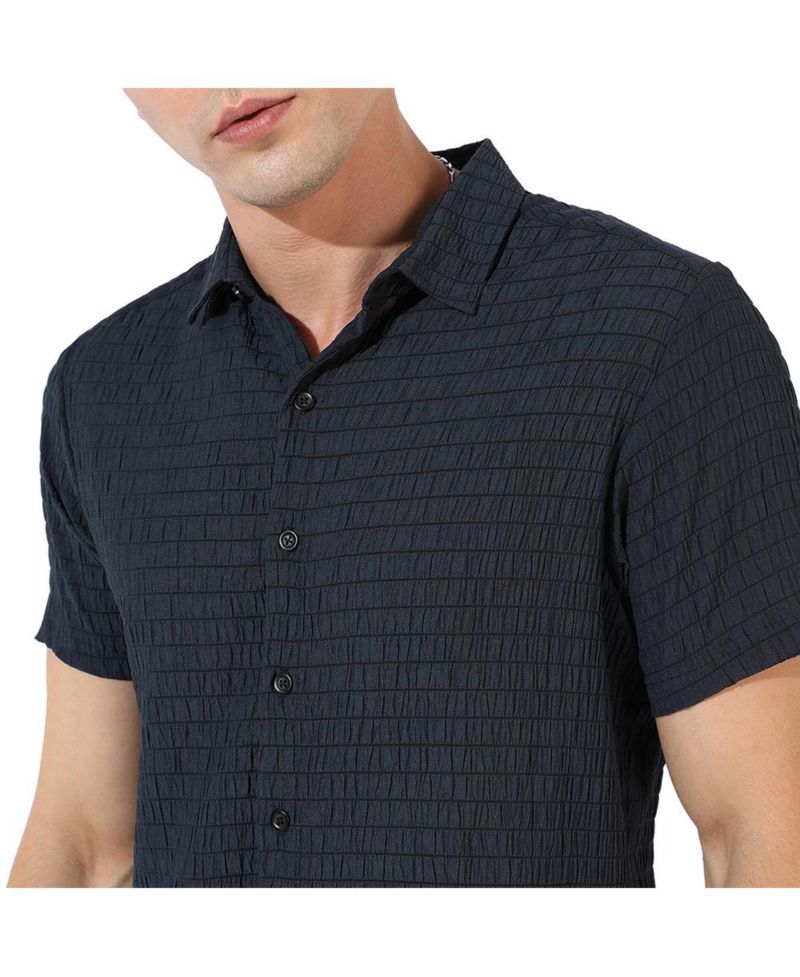 Men's Black Textured Regular Fit Casual Shirt