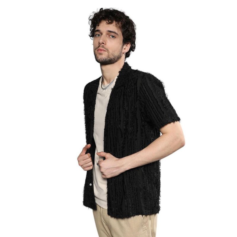 Men's Jet Black Fleece Striped Shirt