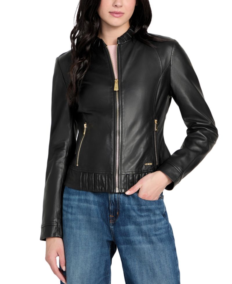 Women's Collarless Zip-Front Leather Jacket, Created for Macy's