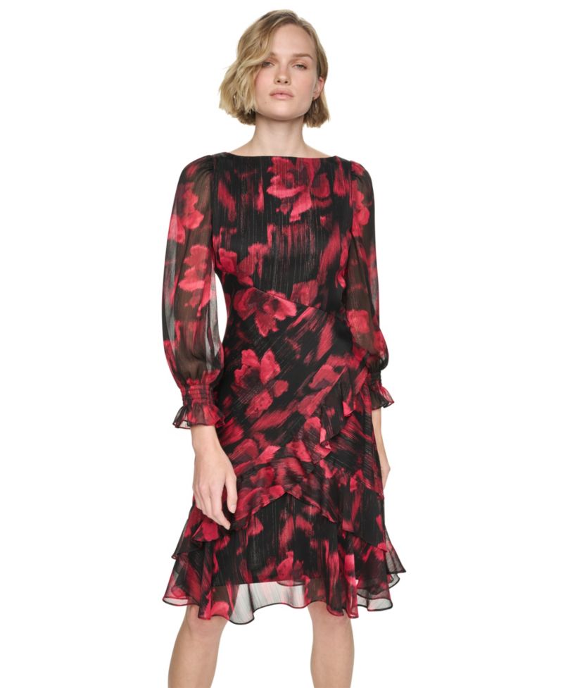 Petite Boat-Neck Long-Sleeve Floral-Print Dress
