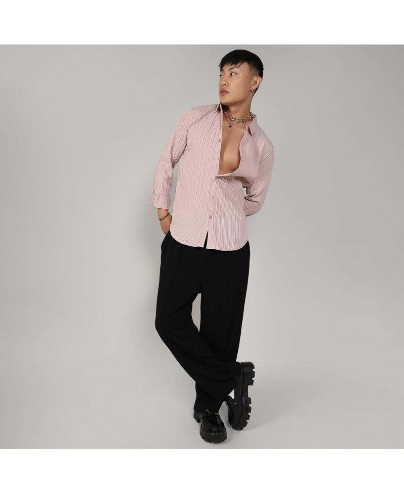 Men's Blush Pink Self-Design Striped Shirt