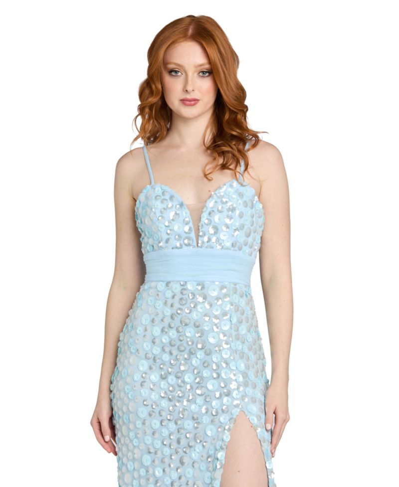 Juniors' Sequin Paillettes Front-Side Slit Long Gown