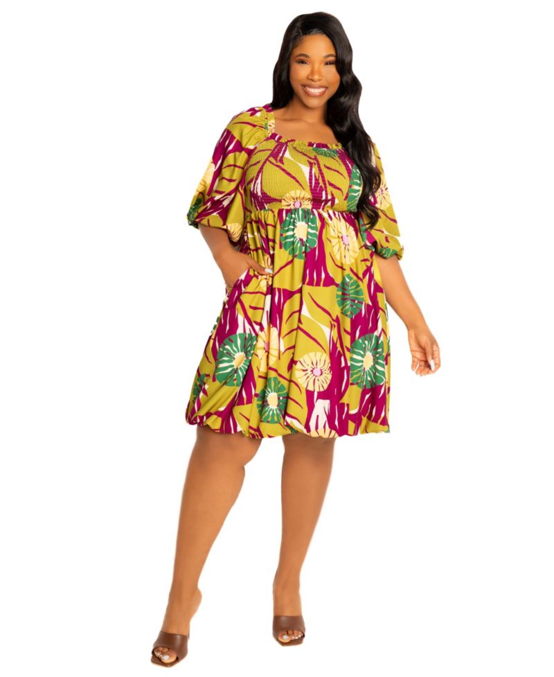 Plus Size Print Smocked Puff Sleeve Bubbled Dress