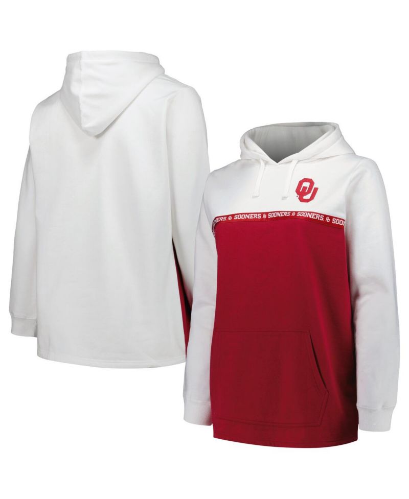 Women's White/Crimson Oklahoma Sooners Plus Size Taping Pullover Hoodie