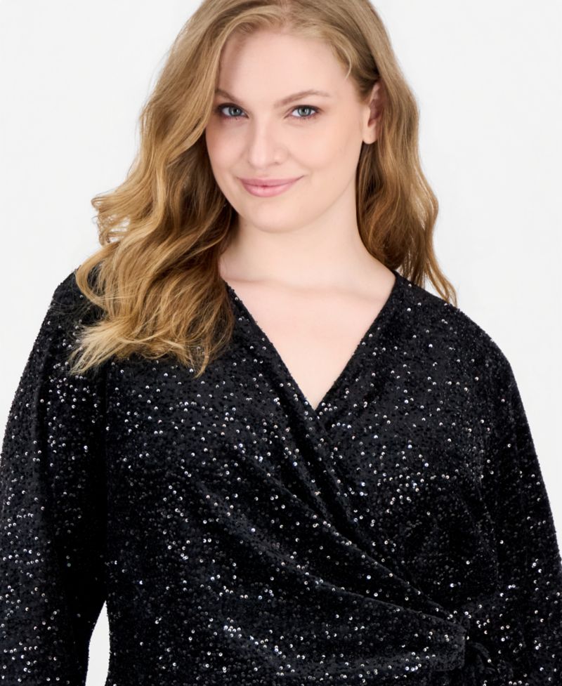 Plus Size Sequin Wrap V-Neck Dress