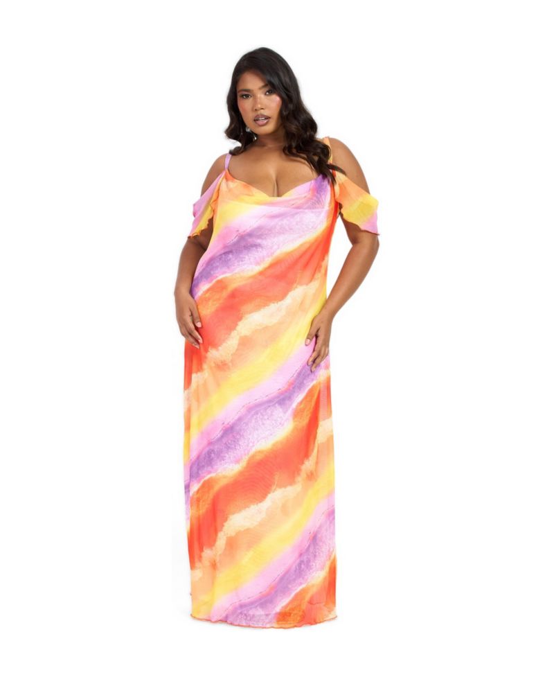 Women's Cold Shoulder Marble Print Maxi Dress