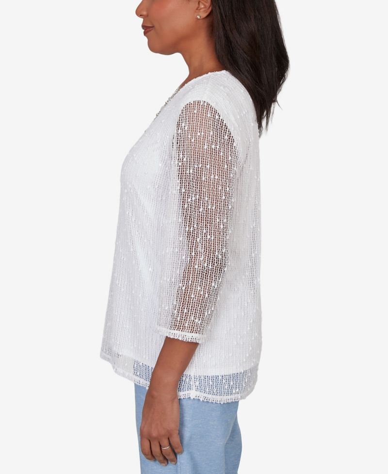 Women's Caribbean Blues Popcorn Mesh Solid Top with Necklace