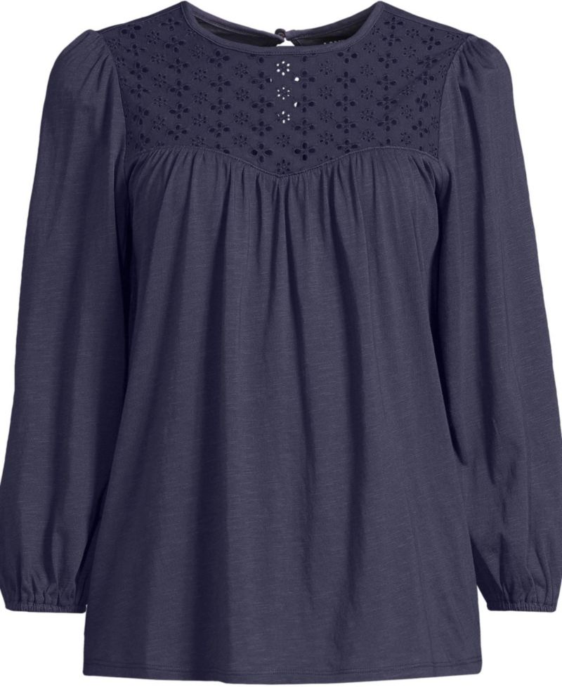 Women's 3/4 Sleeve Eyelet Mix Flowy Top