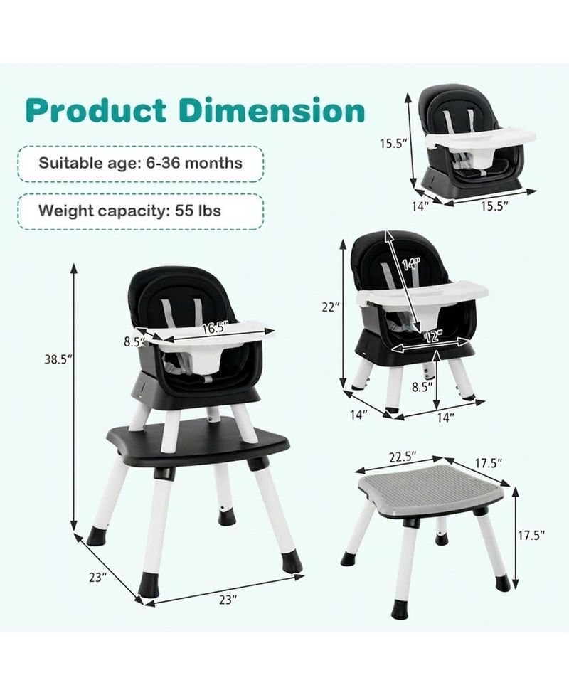 Baby Convertible 8-in-1 Baby Feeding Chair with Dual-Side Tabletop and Booster Seat