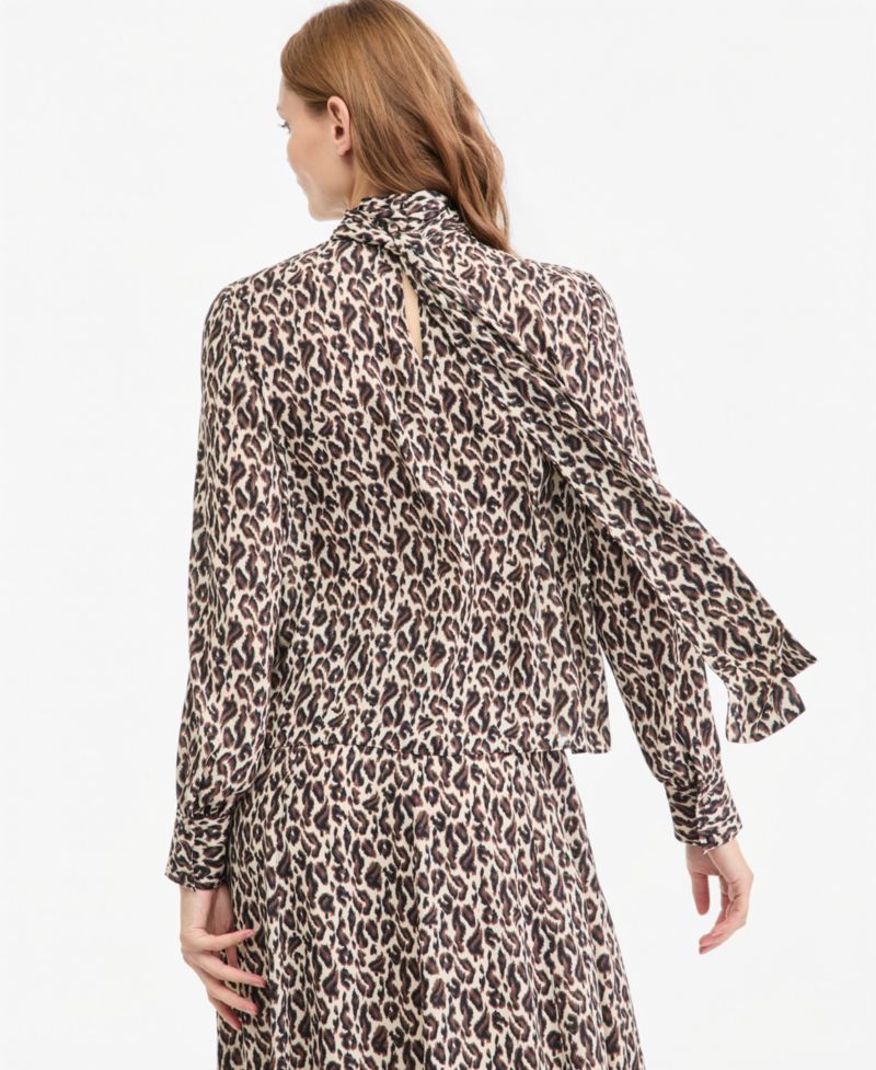 Women's Valentine Neck Tie Leopard-Print Long-Sleeve Blouse