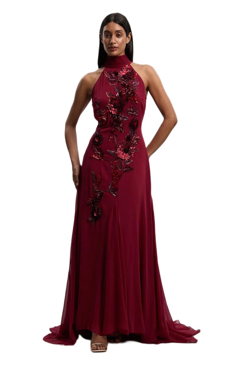 Women's Feather Embellished Halter Maxi Dress