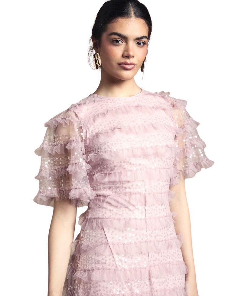 Women's Sequin Ruffle-Detail Short-Sleeve Maxi Dress