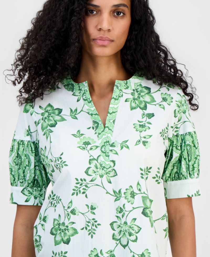 Women's Split-Neck Puffed-Sleeve Top