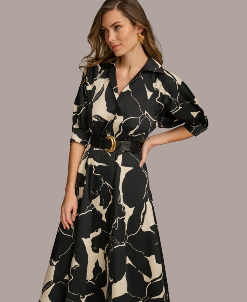 Women's Printed Faux-Leather Belt Midi Shirtdress
