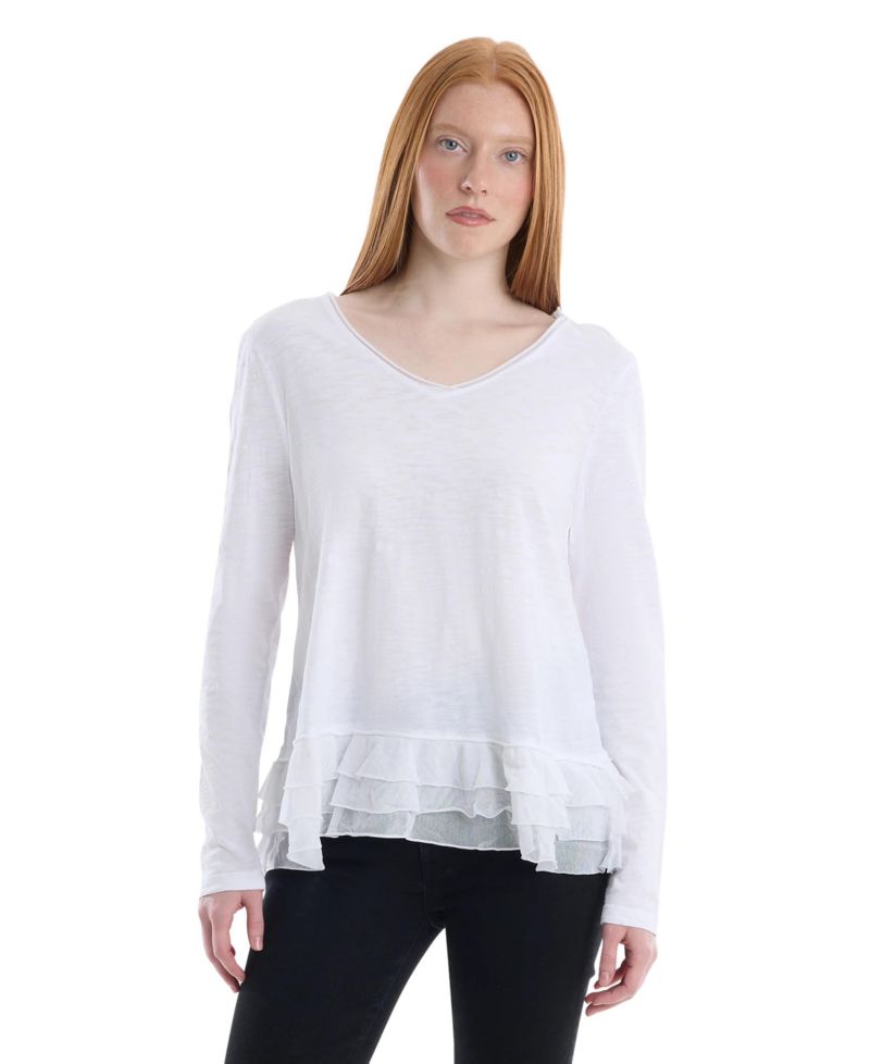 Women's Clothing V-Neck Mixed Media Long Sleeve Tee