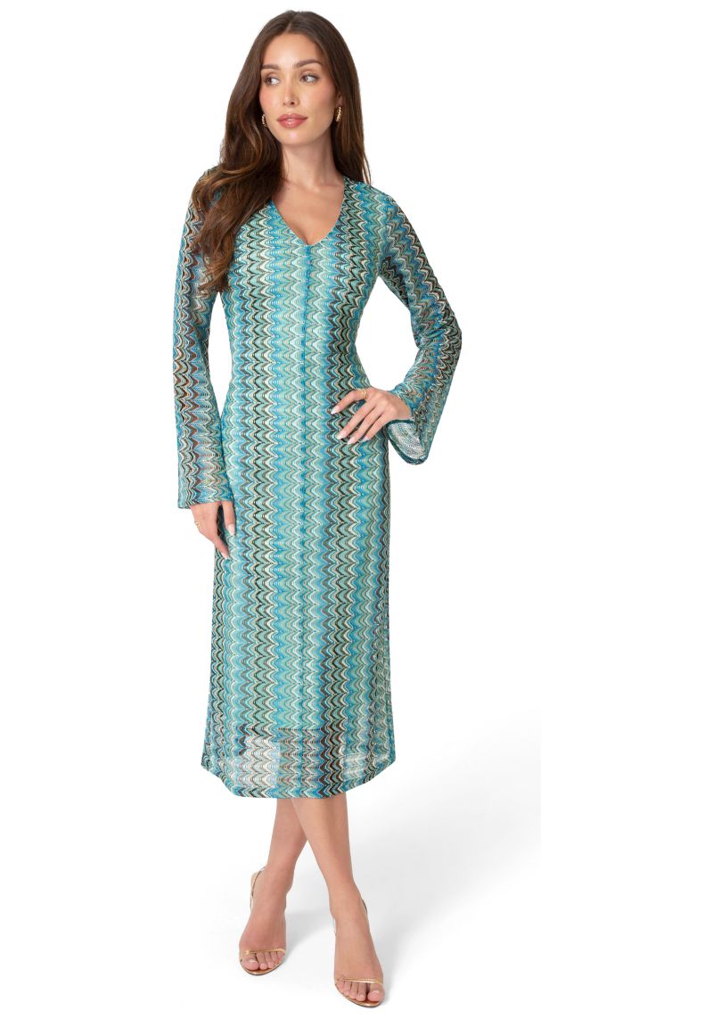 Women's Crochet Stripe Bell Sleeve Maxi Dress