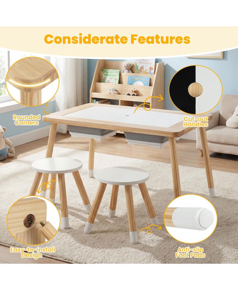 Wooden Kids Activity Table with Double-Sided Boards and Stools