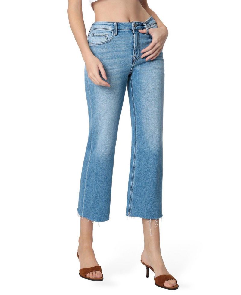 Women's High Rise Raw Hem Crop Slim Wide Leg Jeans