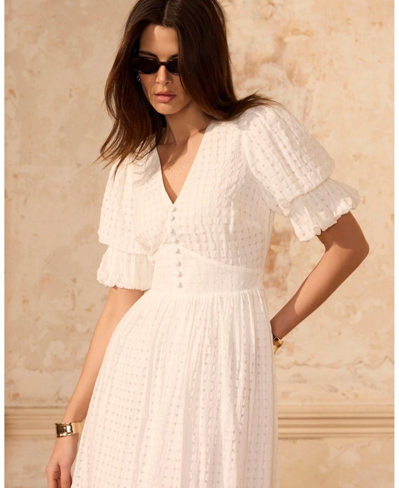 Women's Checked Puff-Sleeve V-Neck Midi Dress