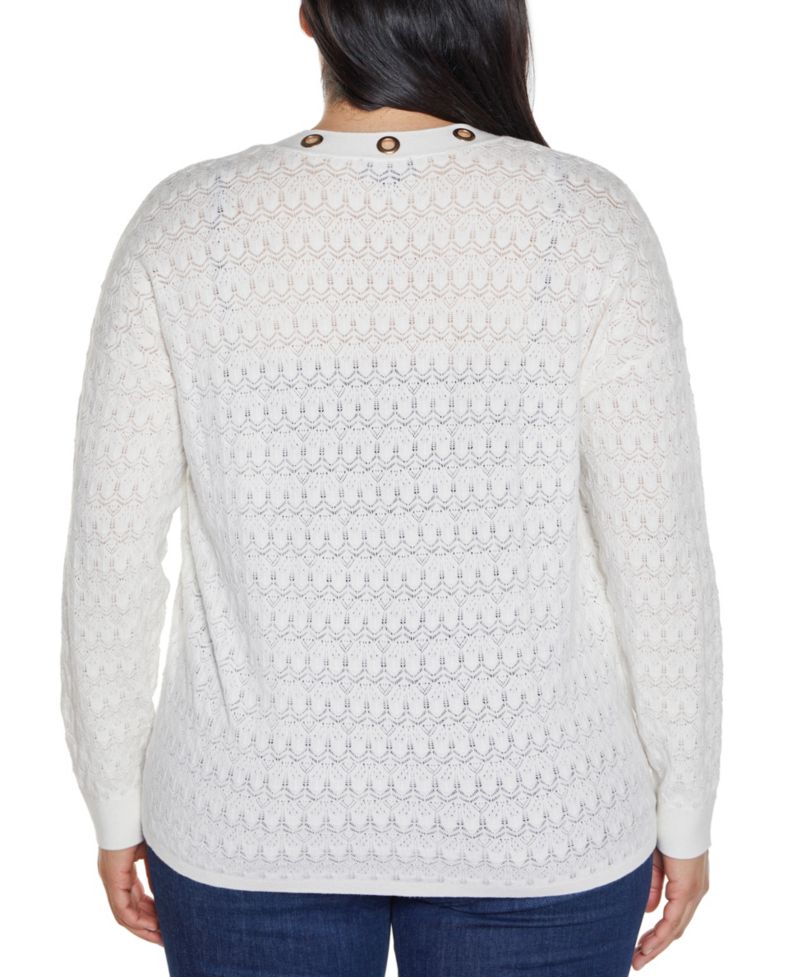 Plus Size Black Label Pointelle and Grommet Open Cardigan Sweater
