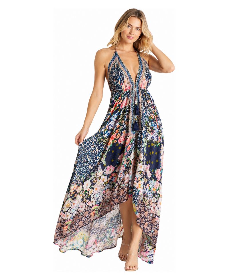 Women's Open Back Halter High-Low Maxi Dress