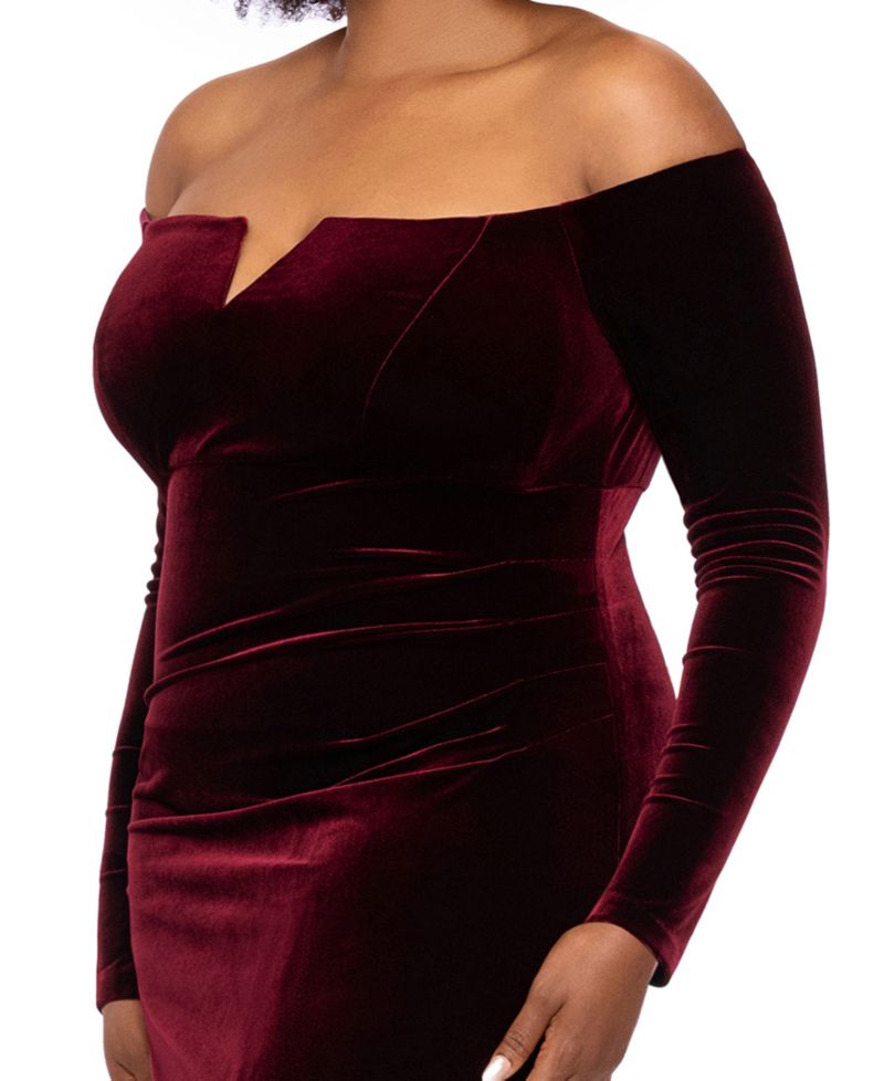 Plus Size Off-the-Shoulder Velvet Long-Sleeve Gown