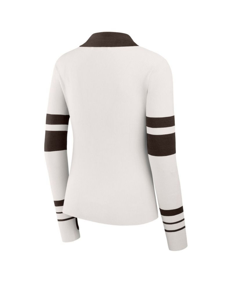 Women's White Cleveland Browns Ribbed Henley Polo Sweater