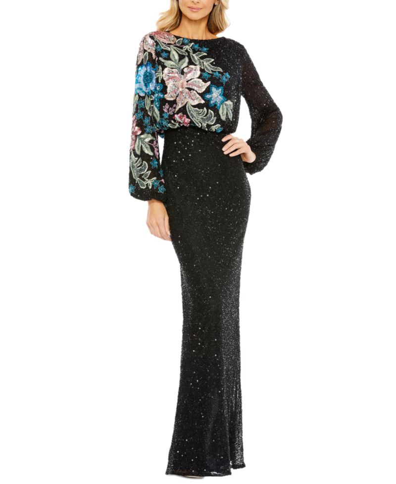 Women's High Neck Blouson Sleeve Sequin Gown