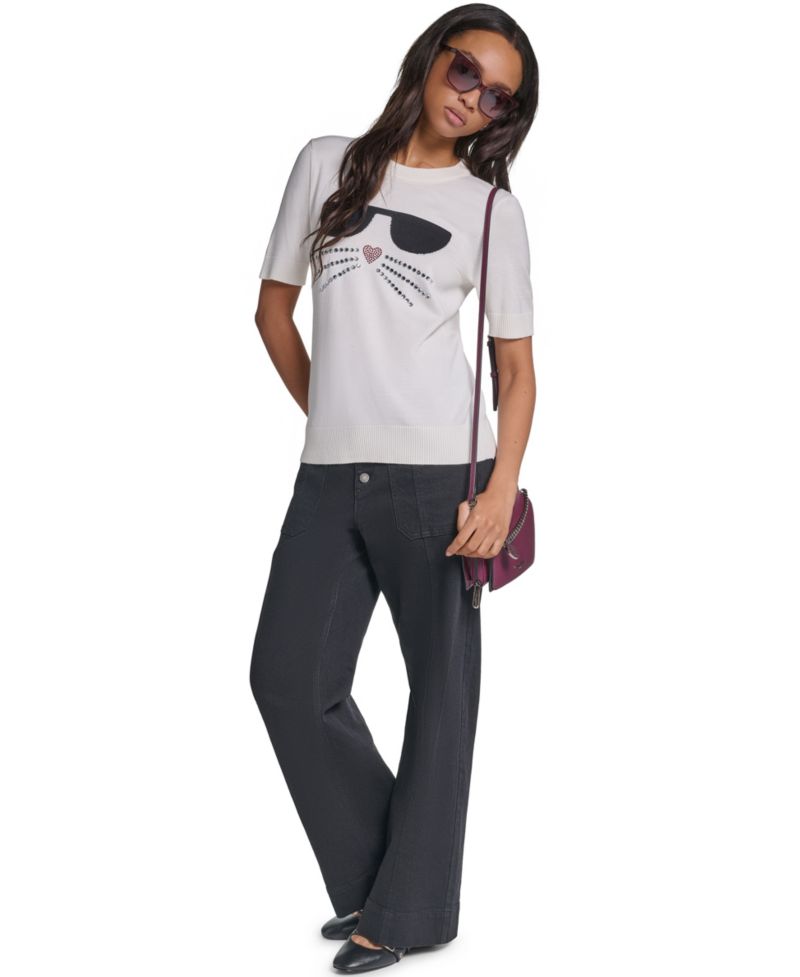 Women's Choupette Crewneck Short-Sleeve Rhinestone Graphic Sweater