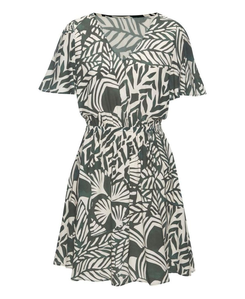 Women's Viscose Printed Flutter-Sleeve Fit-and-Flare V-Neck Short Dress