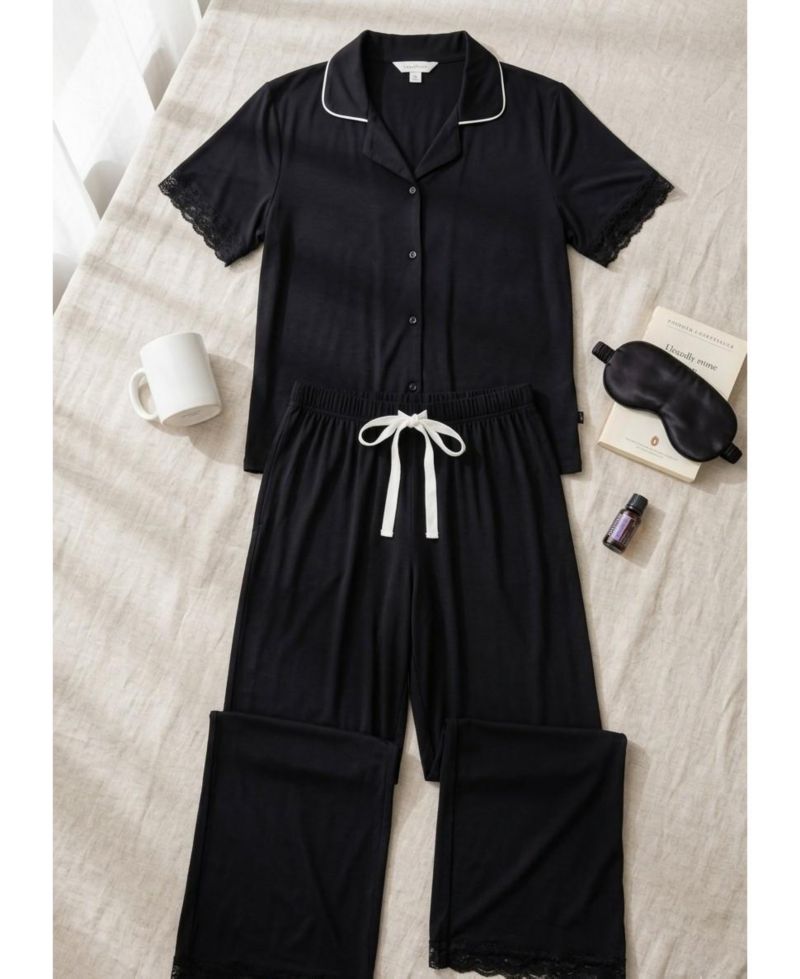 Women's Yummy Short-Sleeve Button-Up Wide-Leg Top and Pants Set