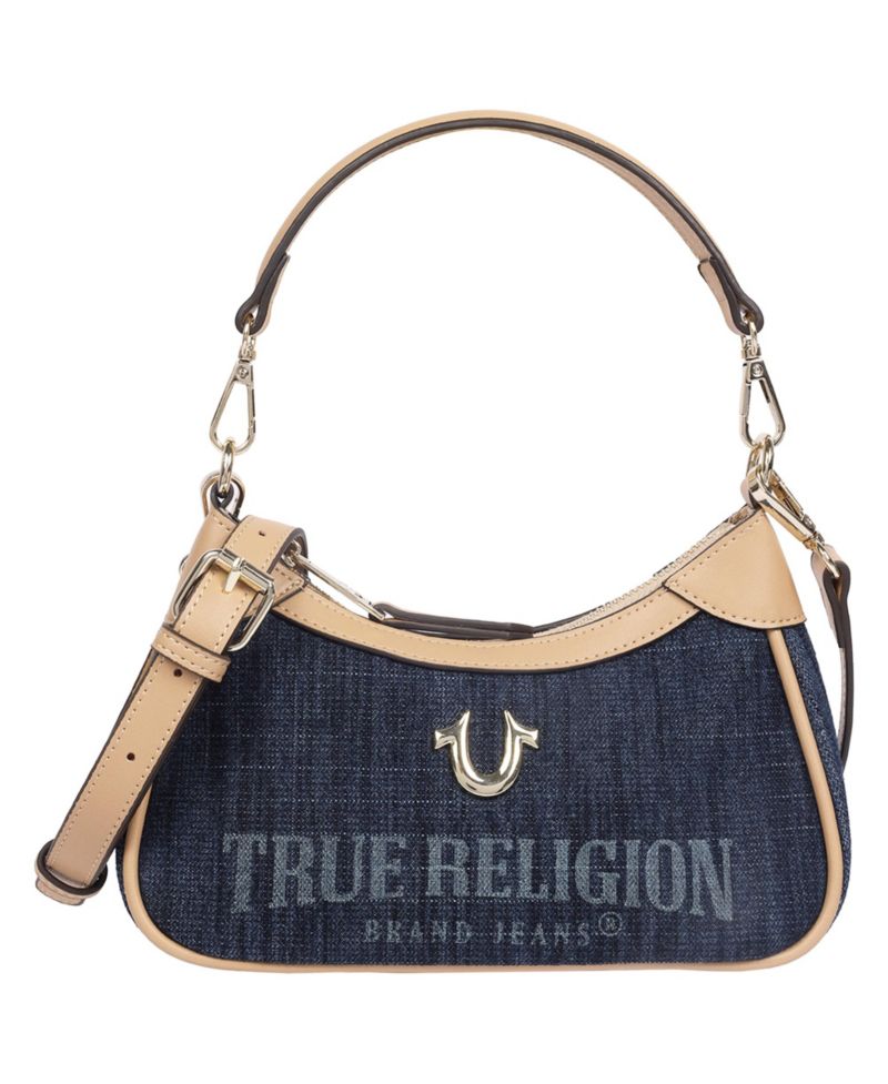 Blair Denim and PU Shoulder Bag Logo Denim Mini Shoulder Bag with Detachable Strap