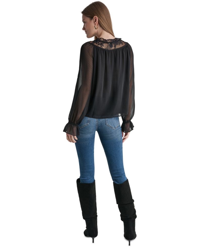 Women's Scoop Neckline Lace-Trim Long-Sleeve Blouse