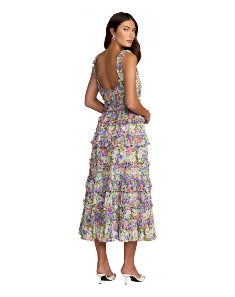 Women's Multicolor Floral Ruffle A-Line Cotton Midi Dress