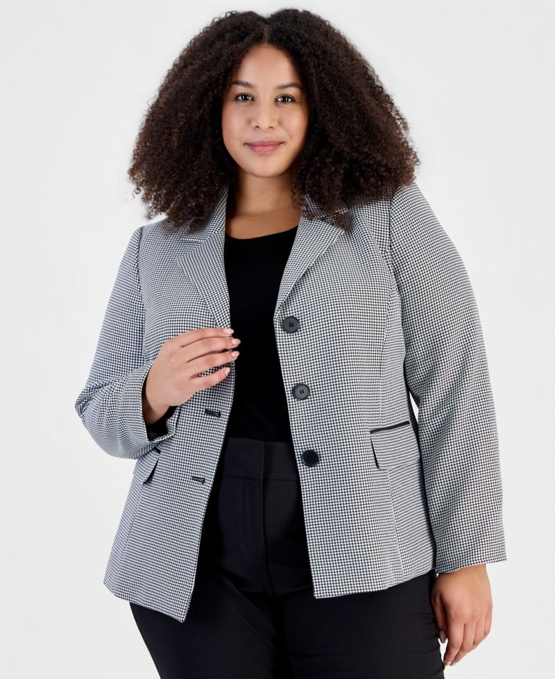 Plus Size Houndstooth Three-Button Slim-Fit Jacket and Pant, 2-Piece Set
