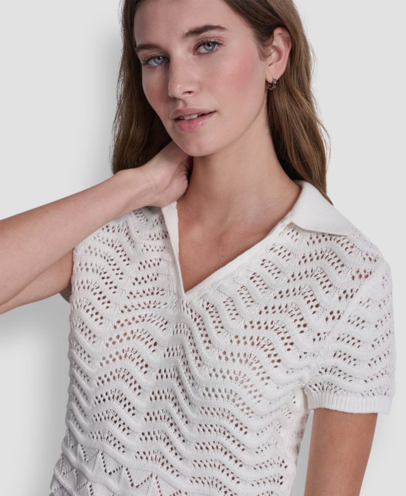 Women's Short-Sleeve V-Neck Polo Cropped Sweater