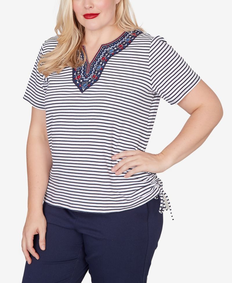 Petite Lady Liberty Embroidered Neck Striped Side-Tie Top