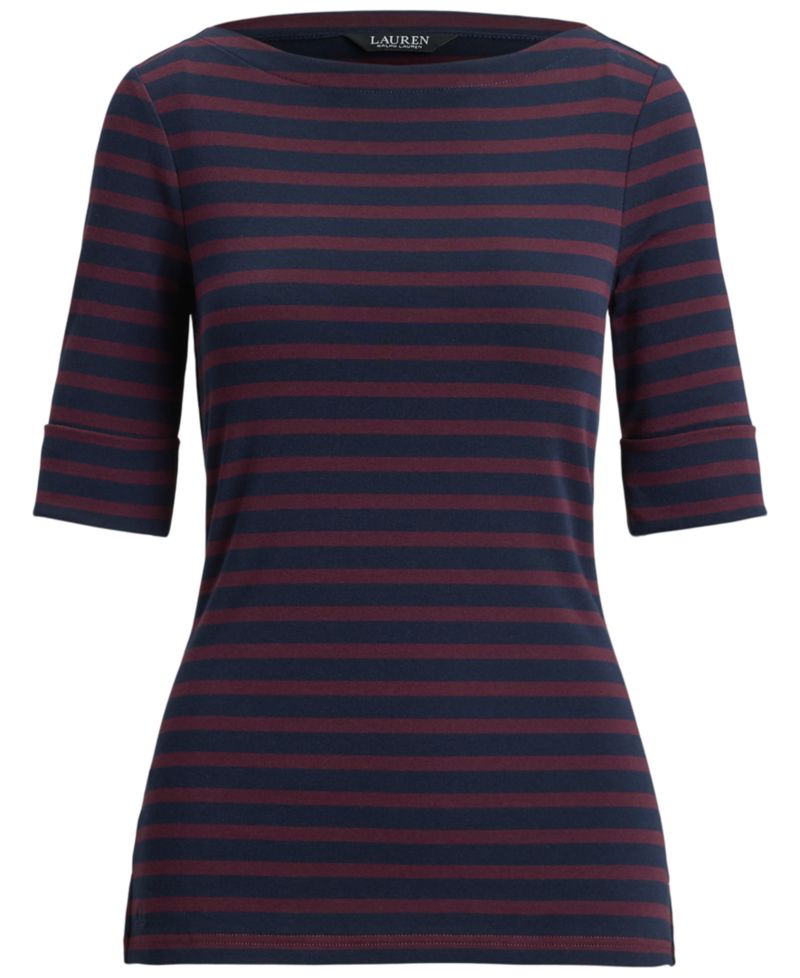 Petite Striped Stretch Cotton Boat Neck Top