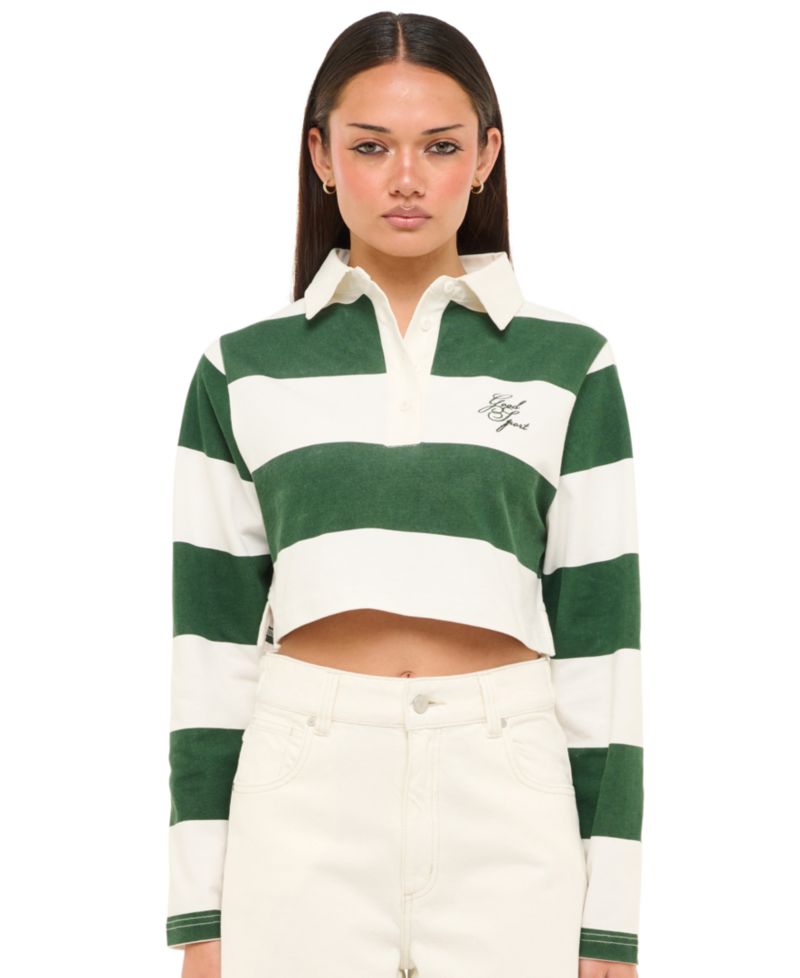 Juniors' Good Sport Striped Cropped Polo Shirt