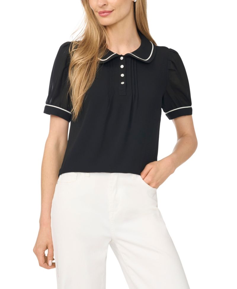Women's Puff Short-Sleeve Pintuck Pleat Peter Pan Collar Top