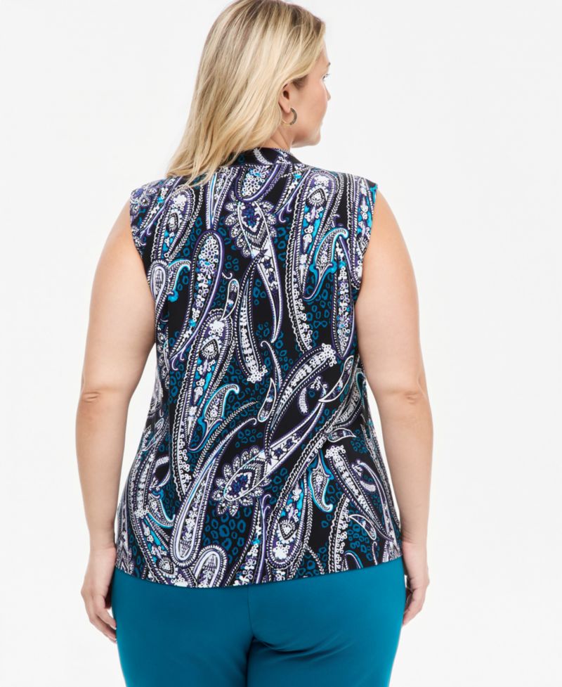 Plus Size Knot Front Sleeveless V-Neck Paisley Blouse
