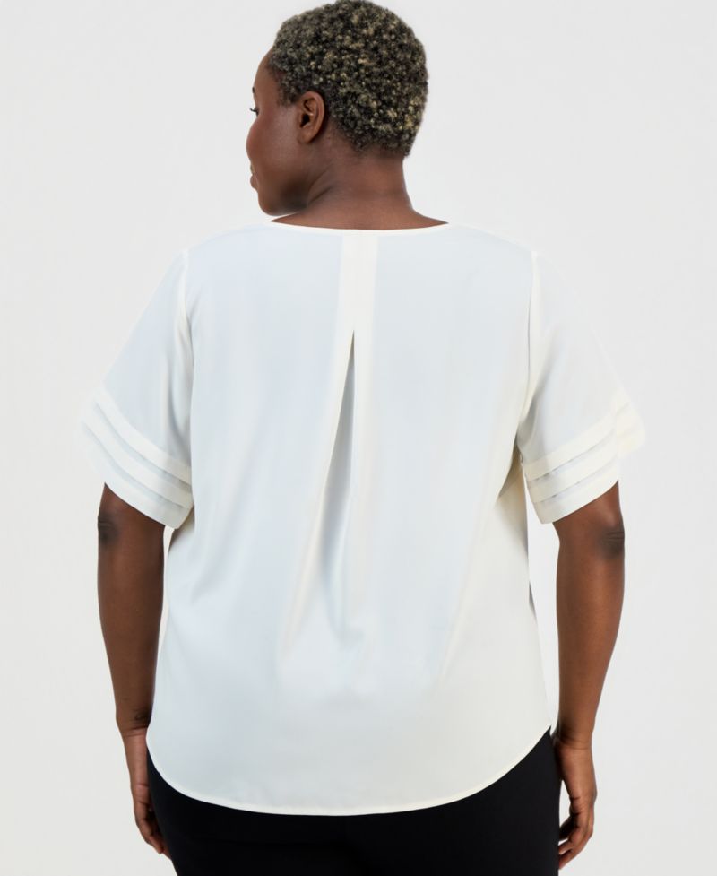 Petite Pleated-Sleeve Split-Neck Top