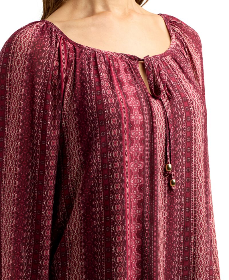 Juniors' Printed Mesh Smocked-Sleeve Peasant Top
