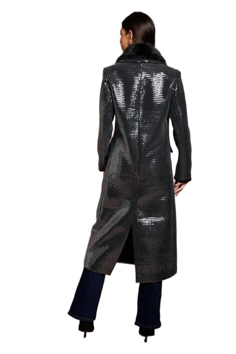 Women's Faux Fur Collar Sequin Longline Coat