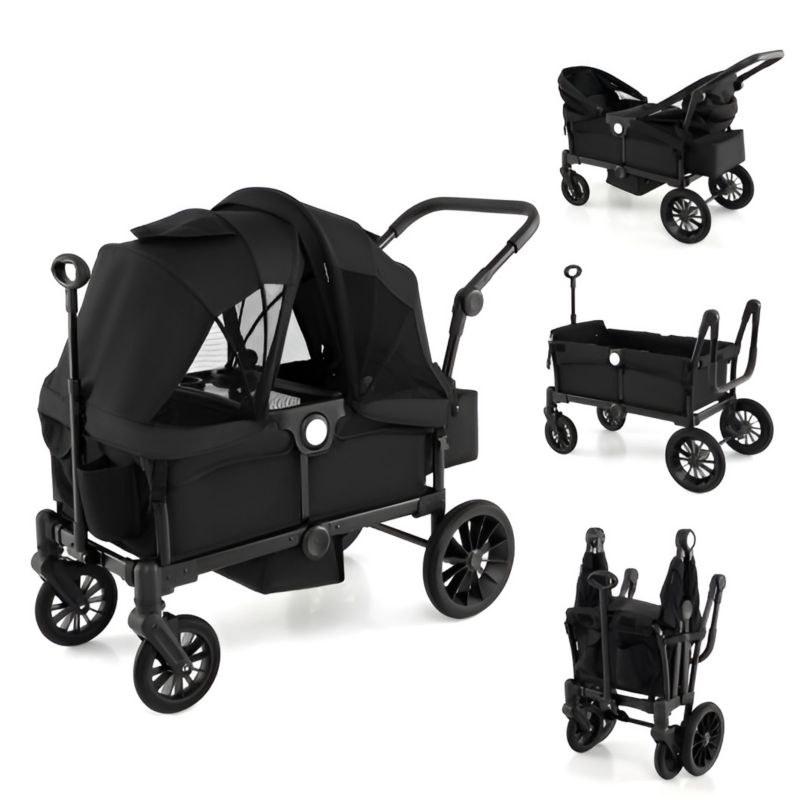 2-Seater Collapsible Kids Wagon Stroller with Push Pull Handle and Adjustable Bar