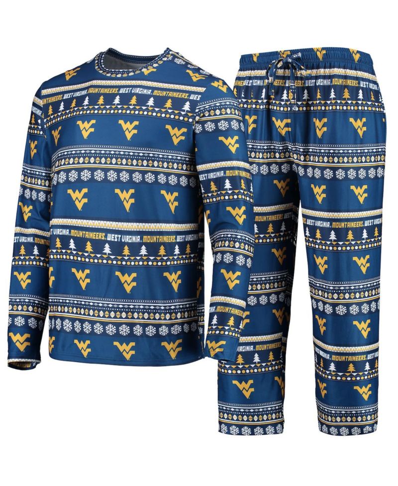 Men's Navy West Virginia Mountaineers Ugly Sweater Long Sleeve T-shirt and Pants Sleep Set