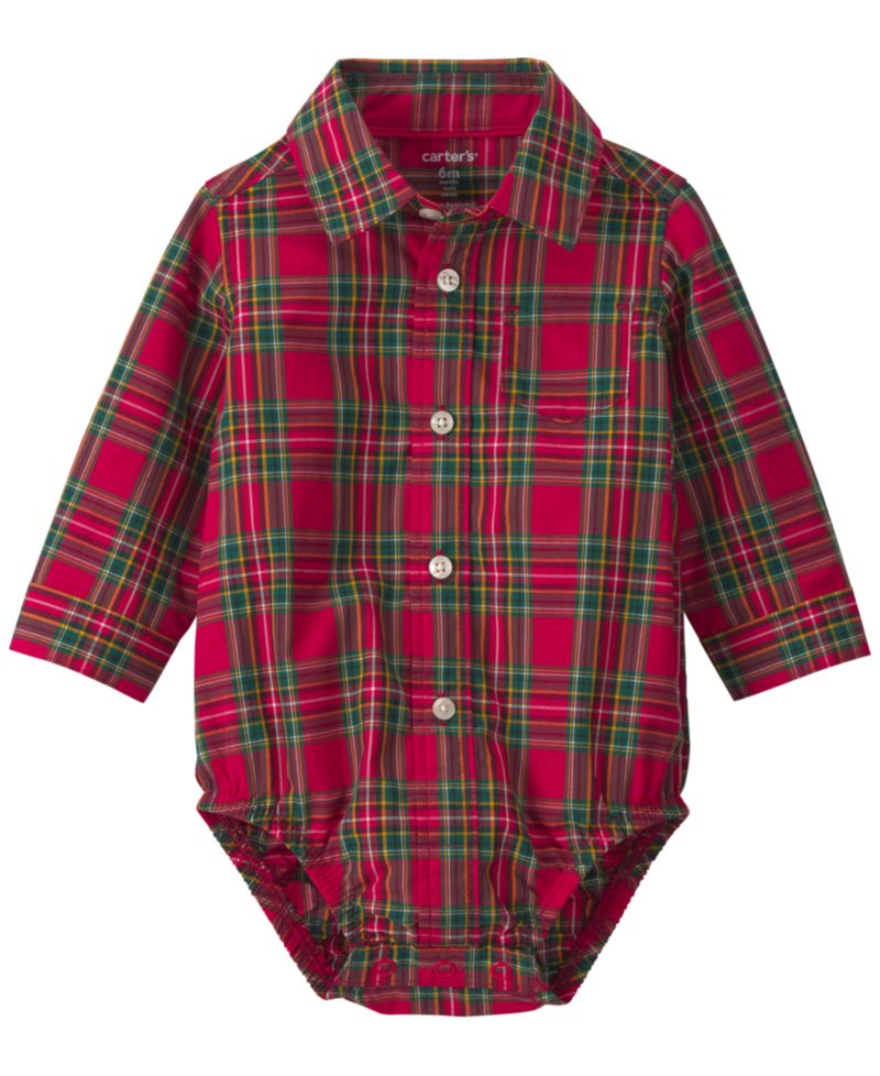 Baby Boys' Plaid Long-Sleeve Bodysuit and Suspender Denim Pants, 2-Piece Set
